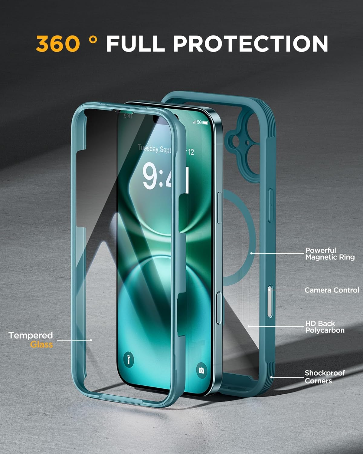 iPhone 16 Plus 360° Protection Case [GREEN] : Front Screen + Back Cover + Camera Protector