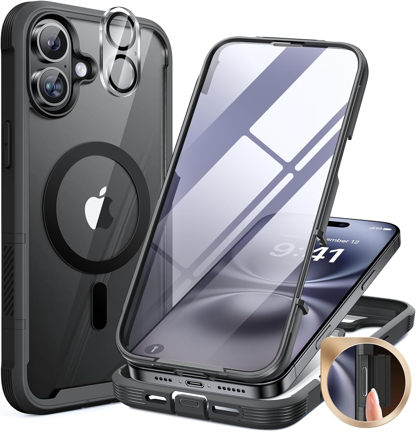 iPhone 16 360° Protection Case [Black] : Front Screen + Back Cover + Camera Protector