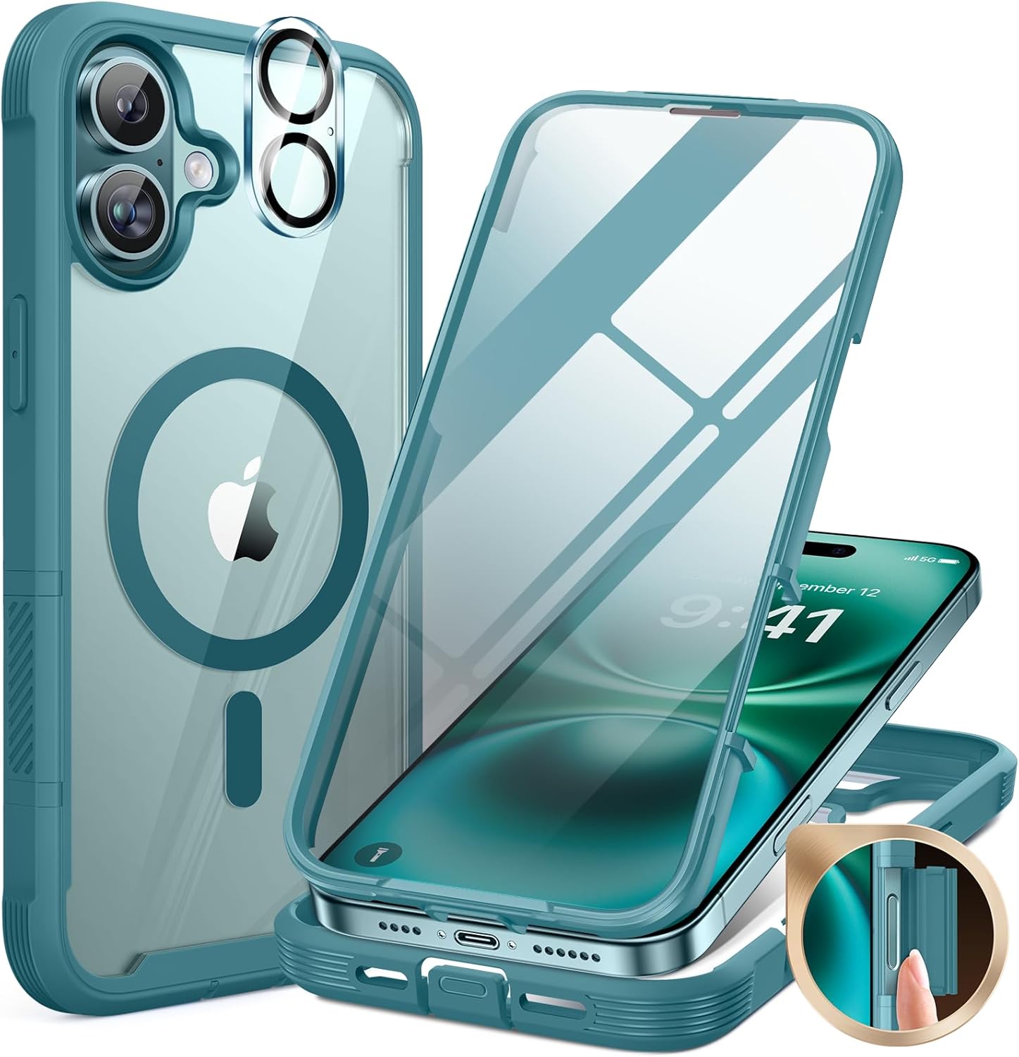 iPhone 16 360° Protection Case [GREEN] : Front Screen + Back Cover + Camera Protector