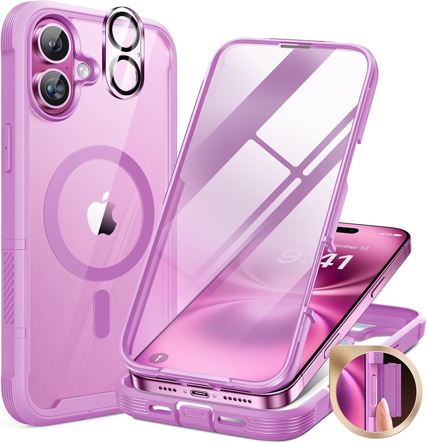 iPhone 16 360° Protection Case [PINK] : Front Screen + Back Cover + Camera Protector