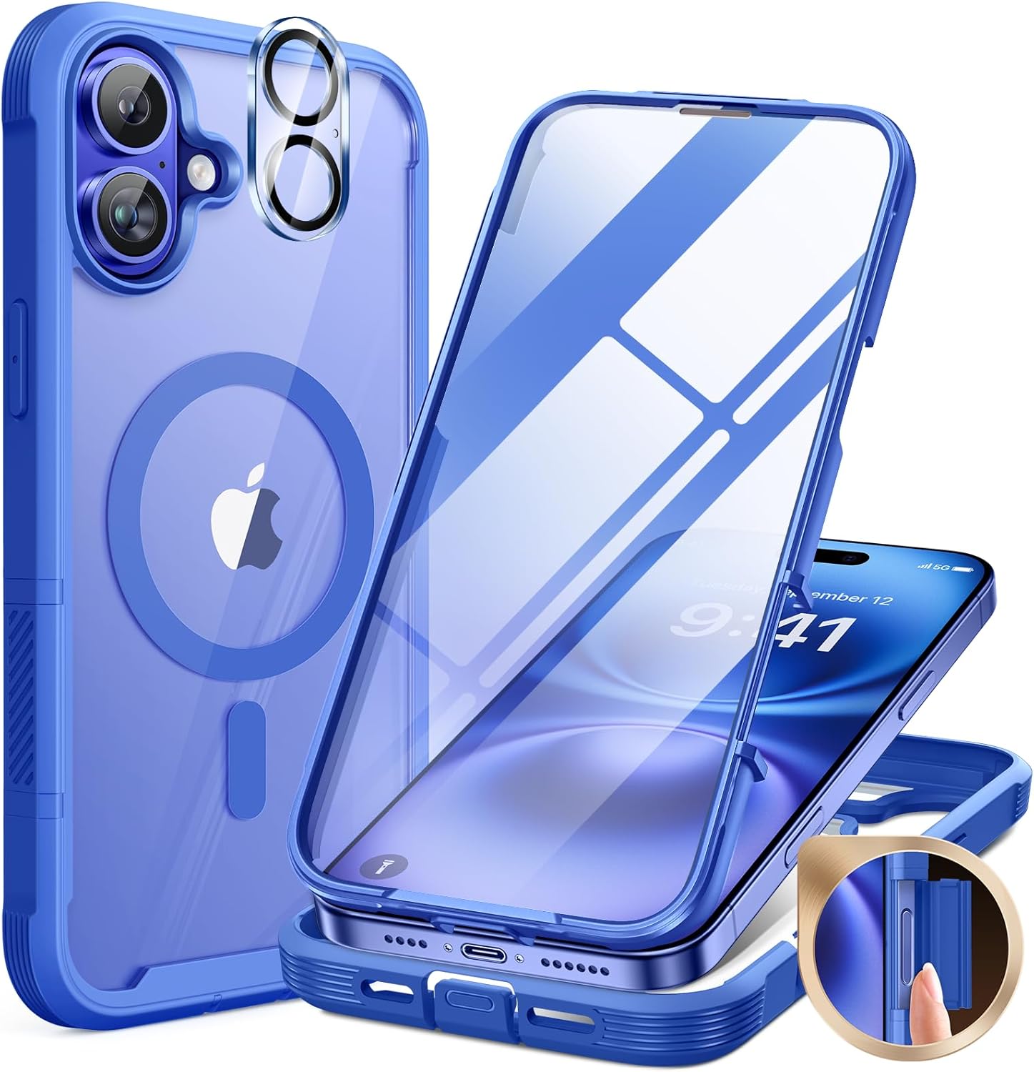 iPhone 16 360° Protection Case [BLUE] : Front Screen + Back Cover + Camera Protector