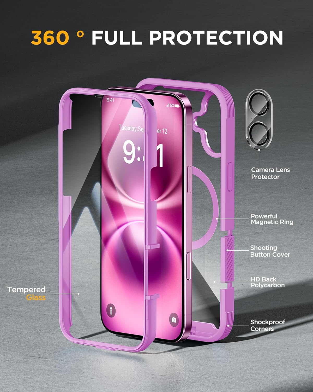 iPhone 16 360° Protection Case [PINK] : Front Screen + Back Cover + Camera Protector