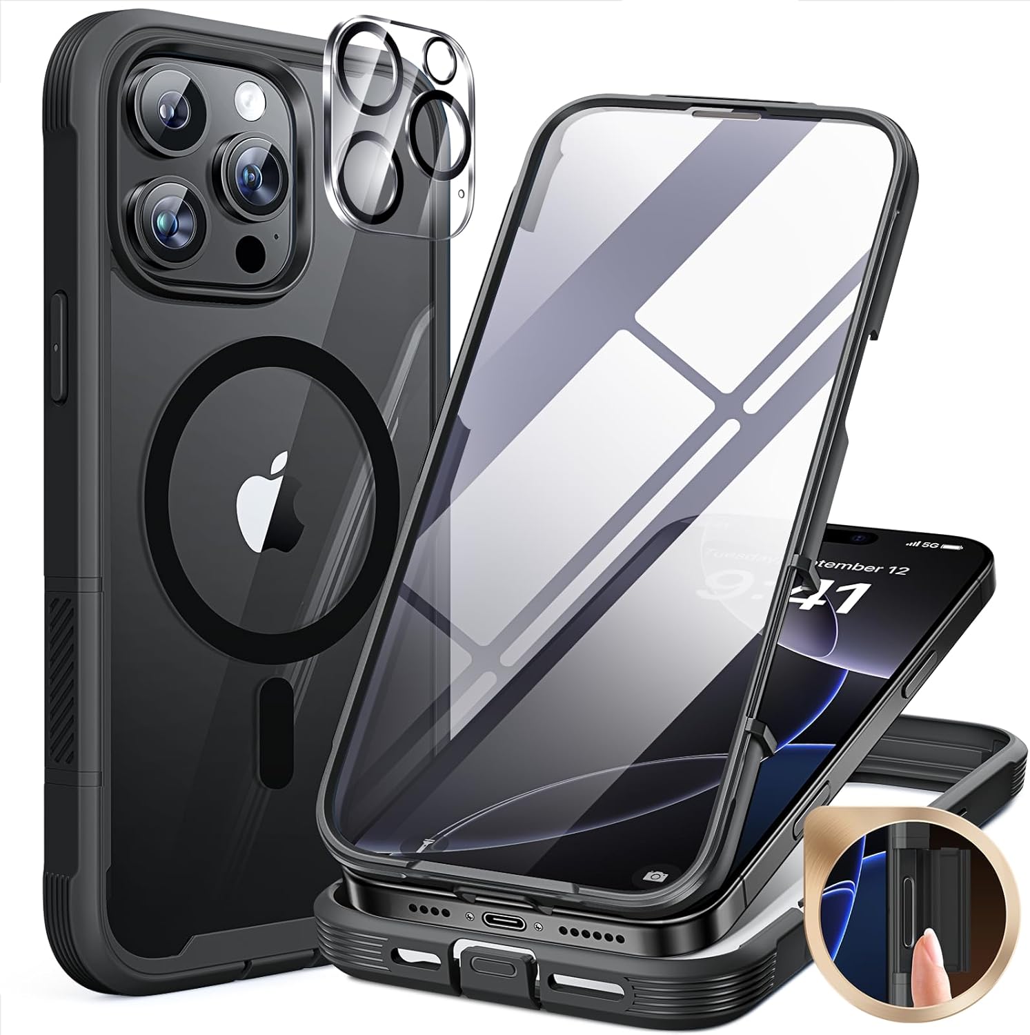 iPhone 16 Pro 360° Protection Case [BLACK] : Front Screen + Back Cover + Camera Protector