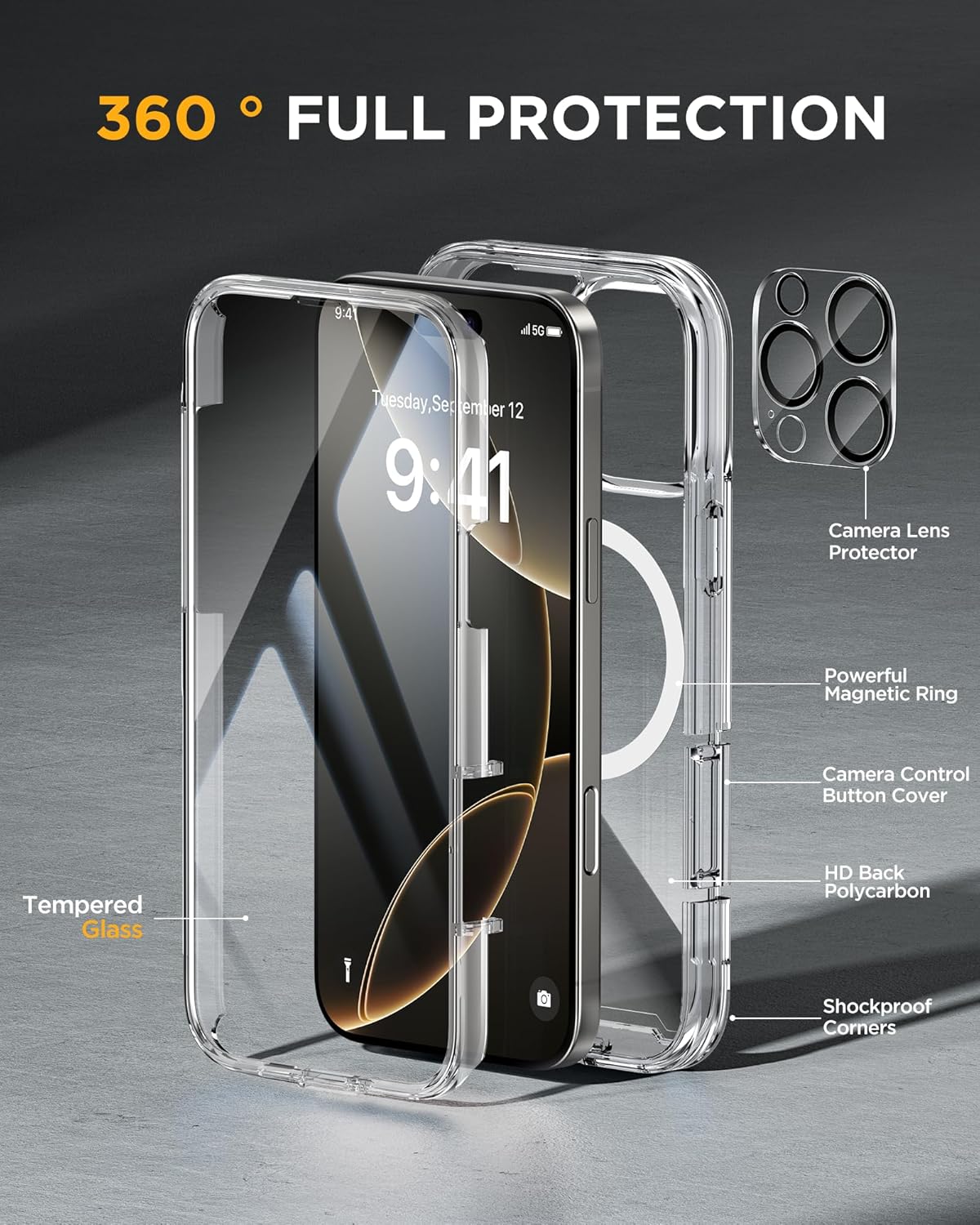 iPhone 16 Pro 360° Protection Case [CLEAR] : Front Screen + Back Cover + Camera Protector