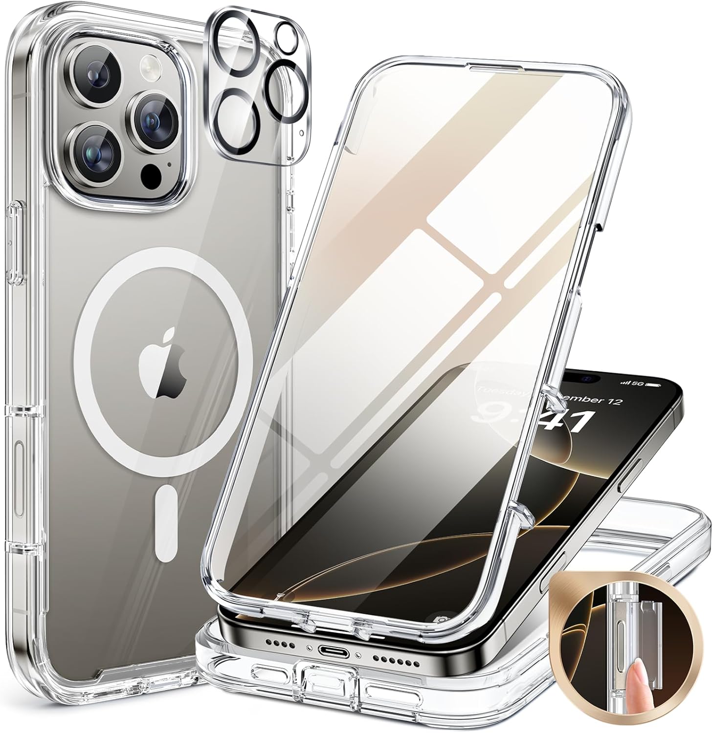 iPhone 16 Pro 360° Protection Case [CLEAR] : Front Screen + Back Cover + Camera Protector