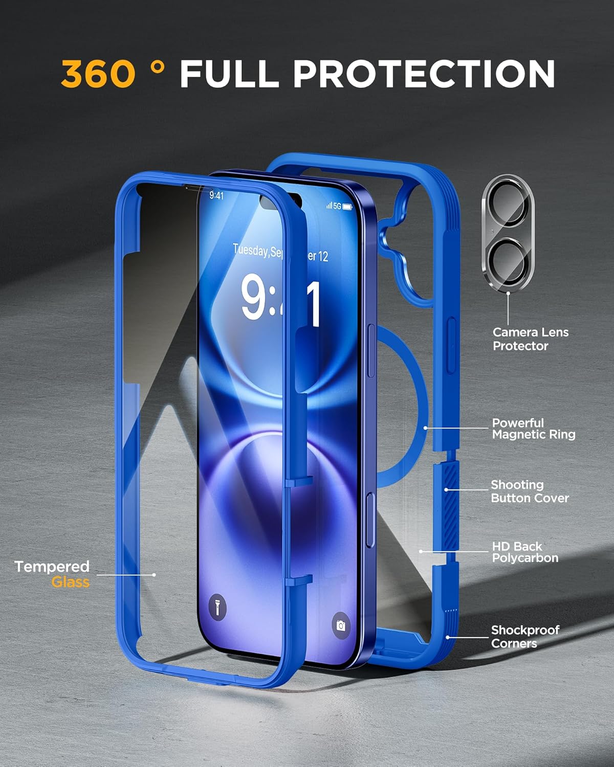 iPhone 16 360° Protection Case [BLUE] : Front Screen + Back Cover + Camera Protector