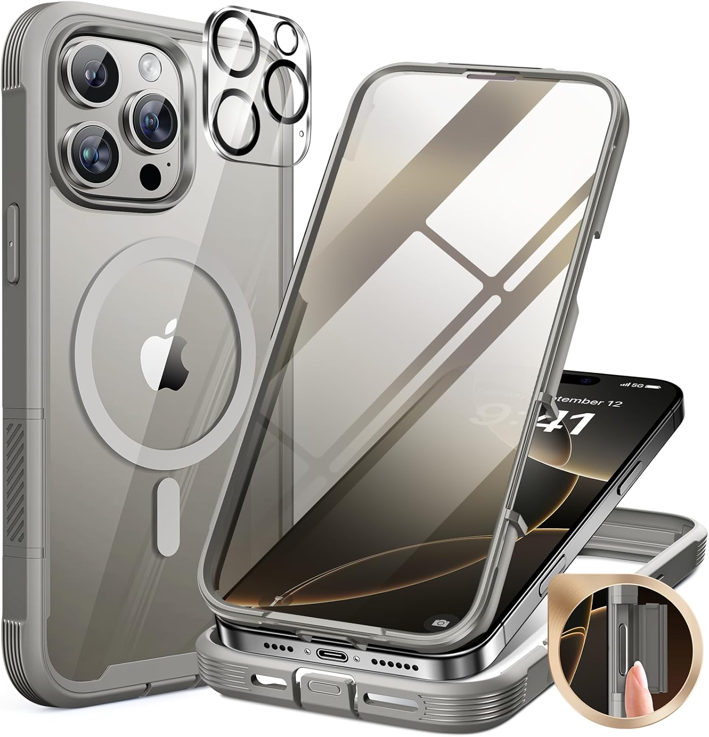 iPhone 16 Pro 360° Protection Case [TITANIUM] : Front Screen + Back Cover + Camera Protector