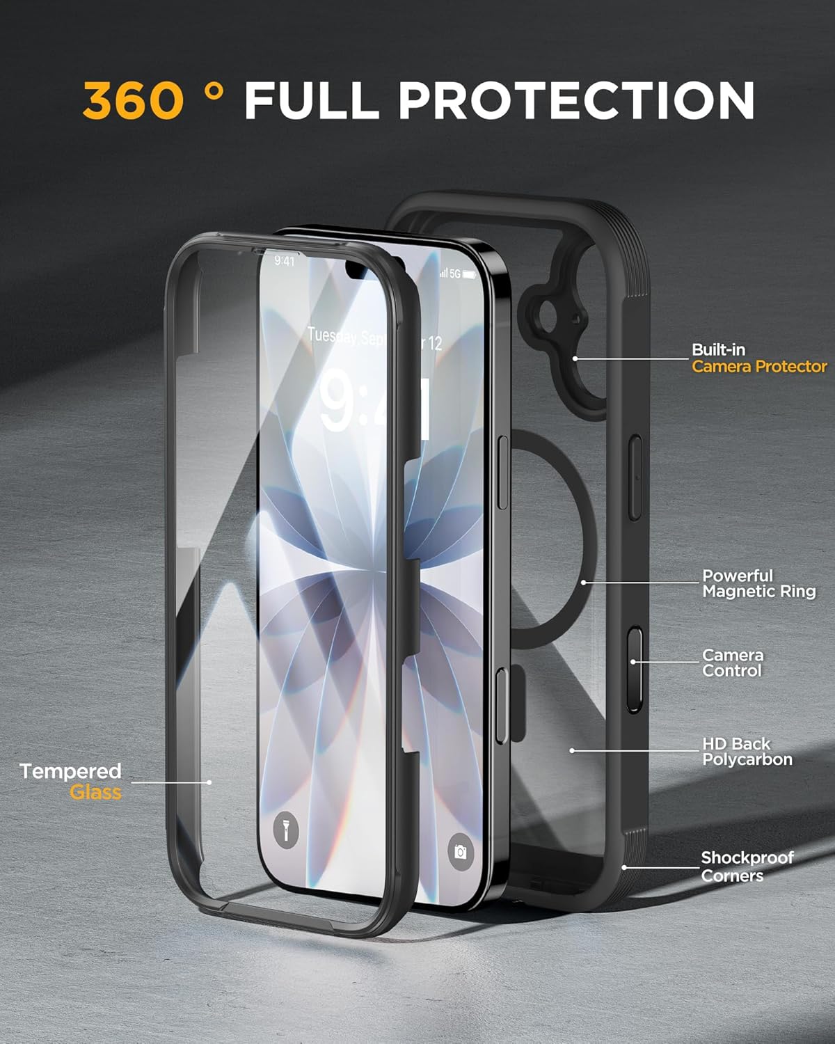 iPhone 17 360° Protection Case [BLACK] : Front Screen + Back Cover + Camera Protection Inbuilt