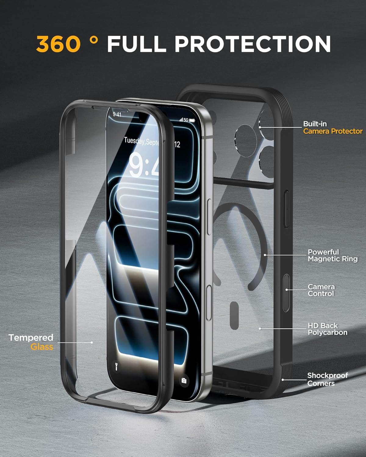 iPhone 17 Pro Max 360° Protection Case [BLACK] : Front Screen + Back Cover + Camera Protection Inbuilt