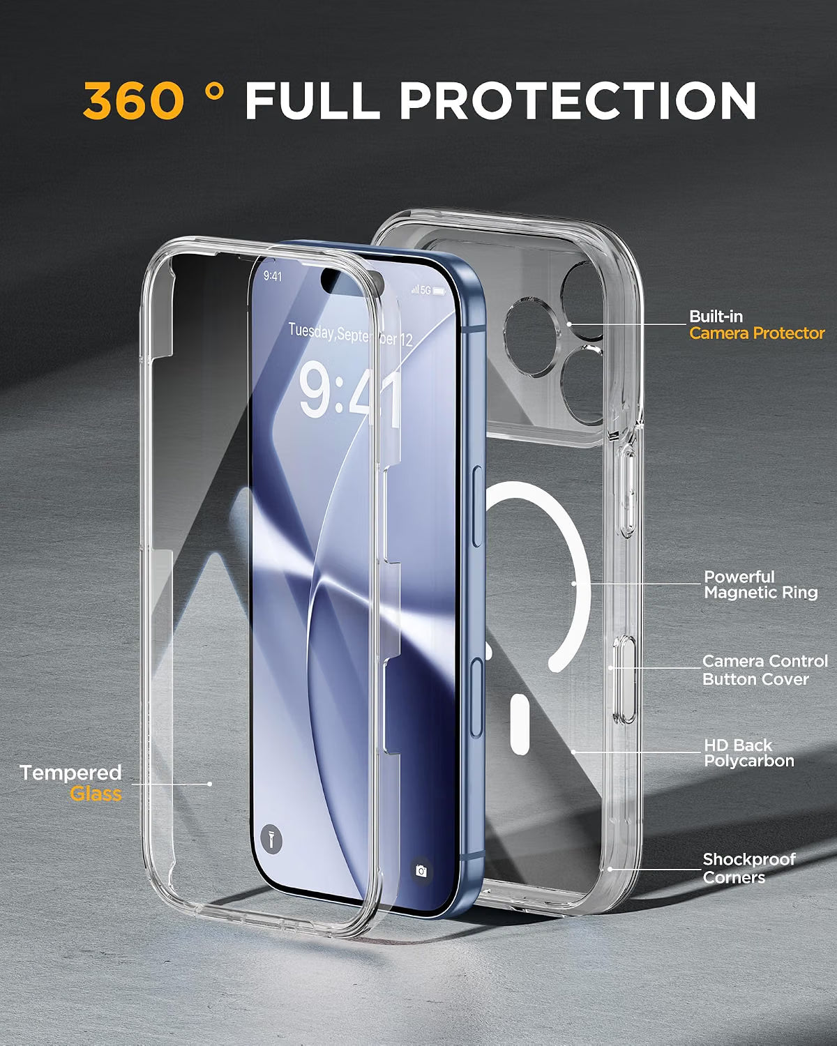 iPhone 18 Pro 360° Protection Case [CLEAR] : Front Screen + Back Cover + Camera Protection Inbuilt