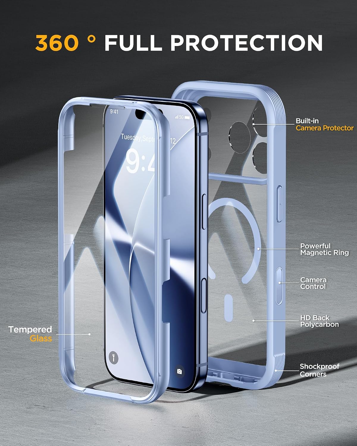 iPhone 18 Pro 360° Protection Case [GLACIER] : Front Screen + Back Cover + Camera Protection Inbuilt