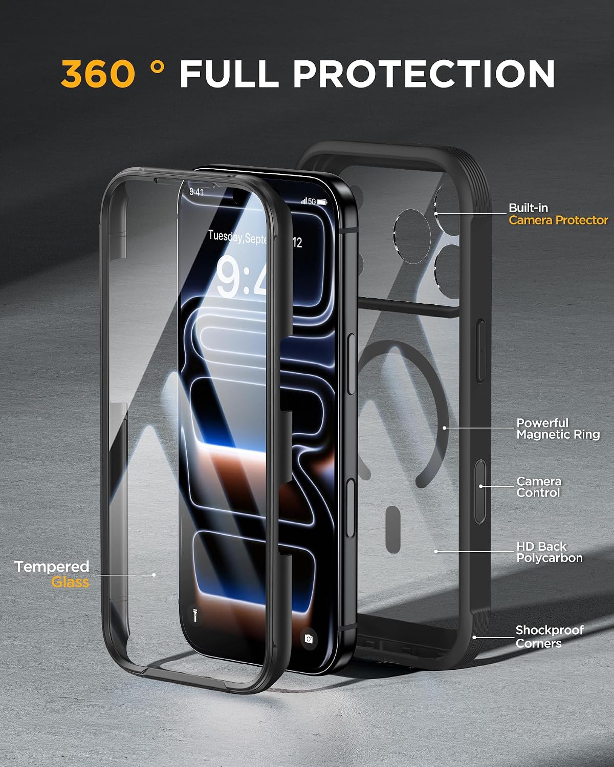 iPhone 18 Pro 360° Protection Case [BLACK] : Front Screen + Back Cover + Camera Protection Inbuilt