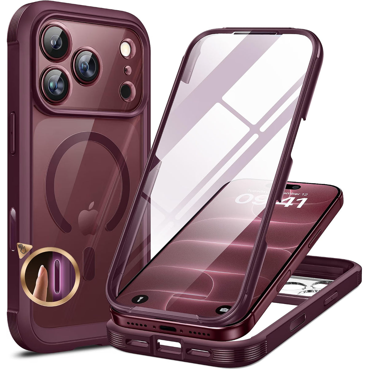 iPhone 18 Pro 360° Protection Case [BURGUNDY] : Front Screen + Back Cover + Camera Protection Inbuilt