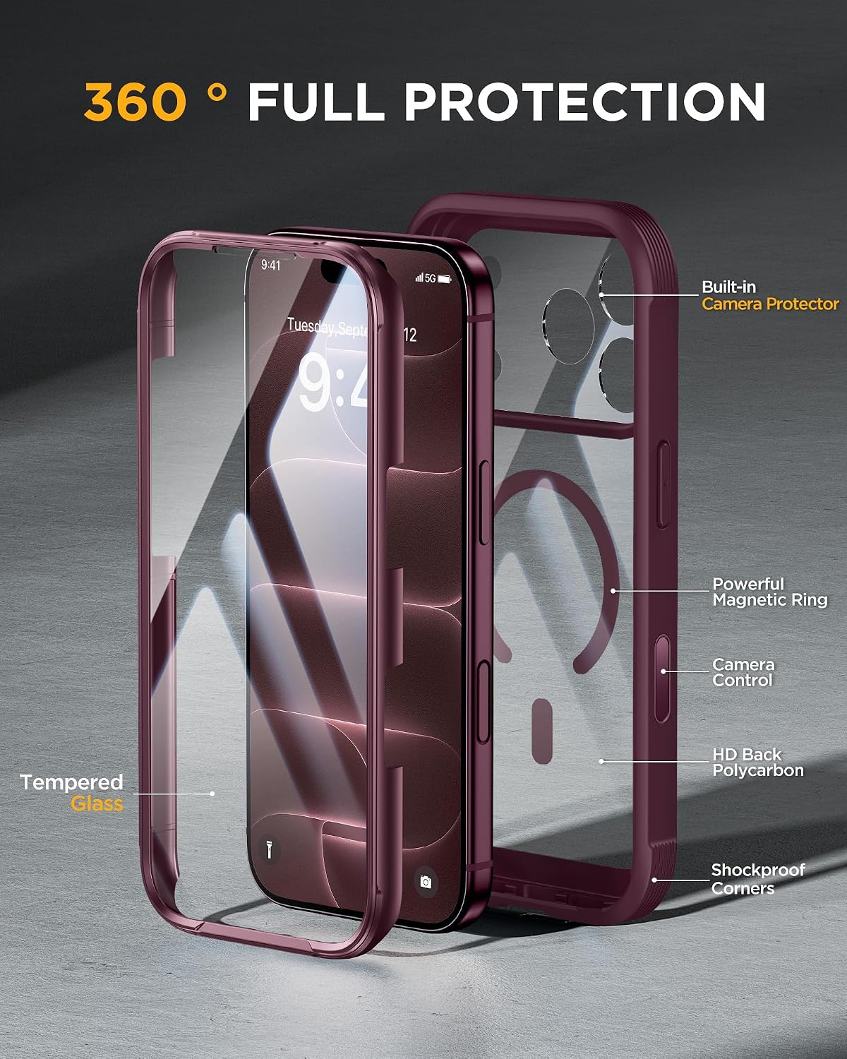 iPhone 18 Pro 360° Protection Case [BURGUNDY] : Front Screen + Back Cover + Camera Protection Inbuilt