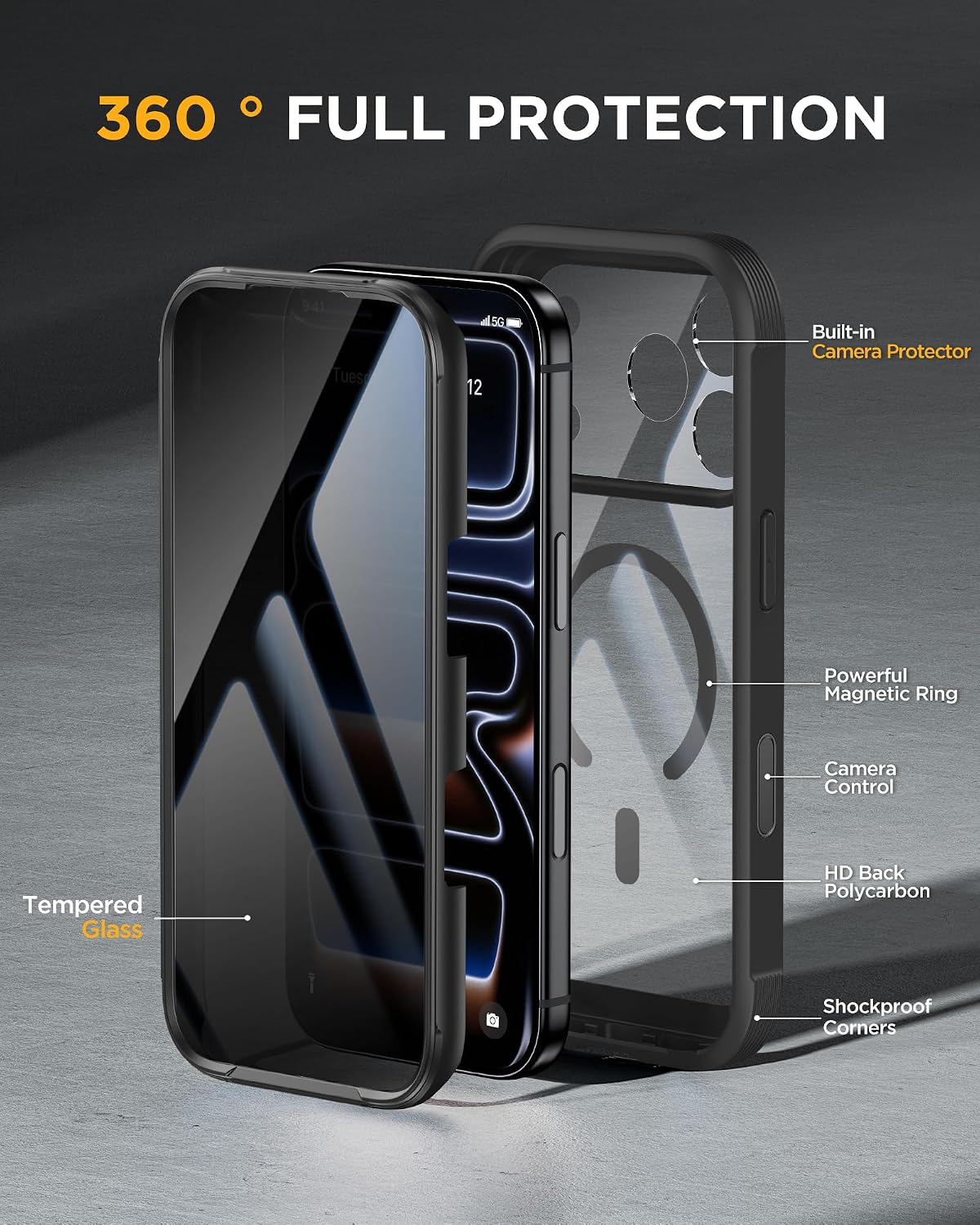 iPhone 18 Pro 360° Protection Case [BLACK] : Front Screen + Back Cover + Camera Protection Inbuilt