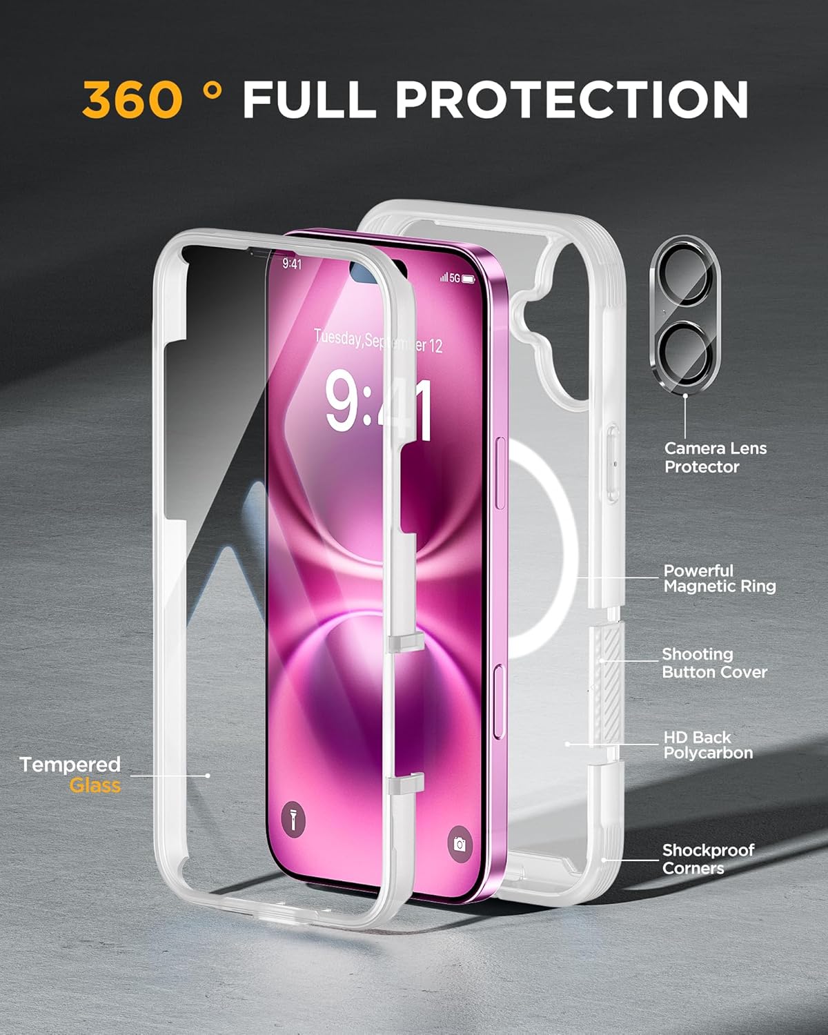 iPhone 16 360° Protection Case [MATTE CLEAR] : Front Screen + Back Cover + Camera Protector