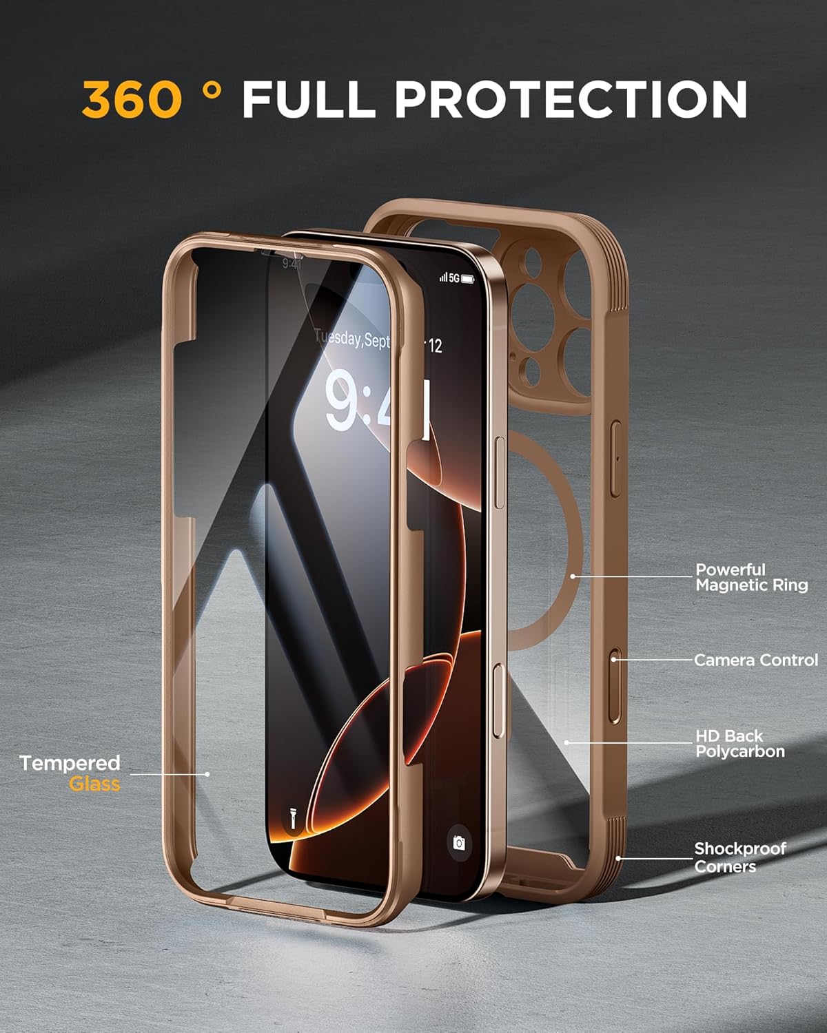 iPhone 16 Pro 360° Protection Case [DESERT] : Front Screen + Back Cover + Camera Protector