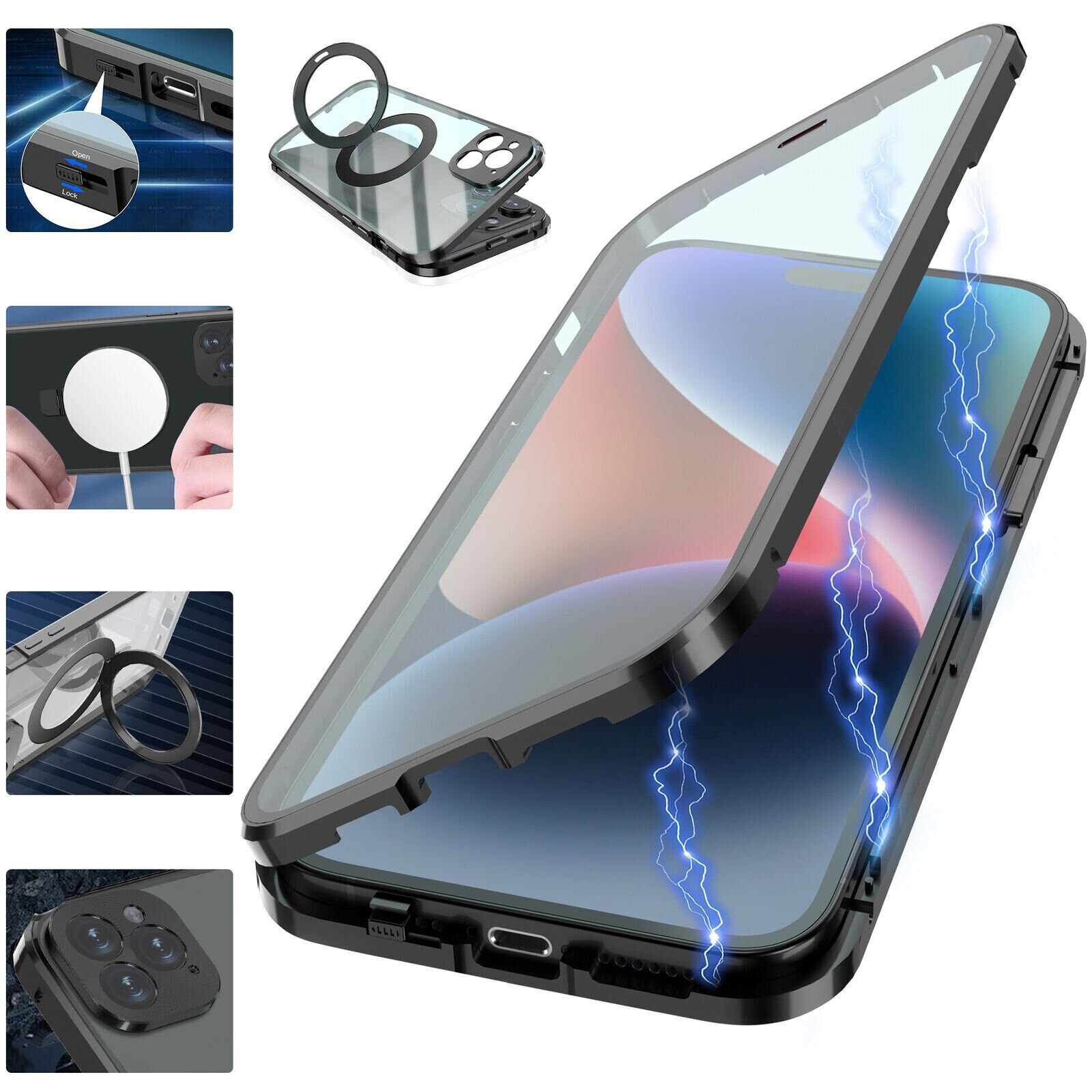 iPhone 13 Metal Cover : [Front Screen Guard + Back Case] Magnetic Lock with MagSafe Stand