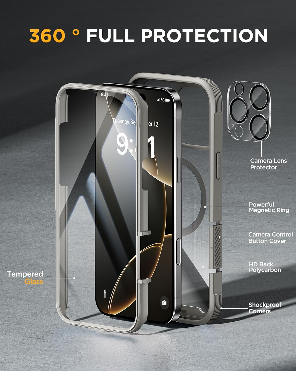 iPhone 16 Pro Max 360° Protection Case [TITANIUM] : Front Screen + Back Cover + Camera Protector