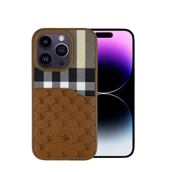 iPhone 14 Plus Cover - Santa Barbara Genuine Leather Card Holder Case Plaid Series