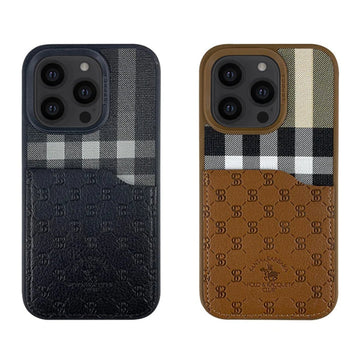 iPhone 14 Cover - Santa Barbara Genuine Leather Card Holder Case Plaid Series