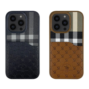 iPhone 14 Pro Max Cover - Santa Barbara Genuine Leather Card Holder Case Plaid Series