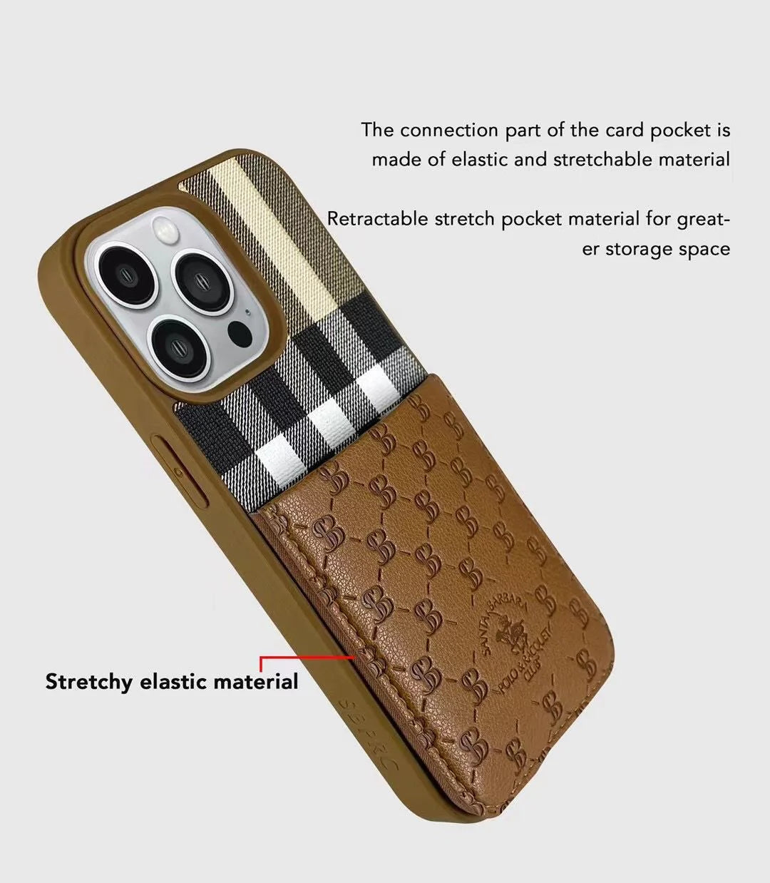 iPhone 14 Plus Cover - Santa Barbara Genuine Leather Card Holder Case Plaid Series